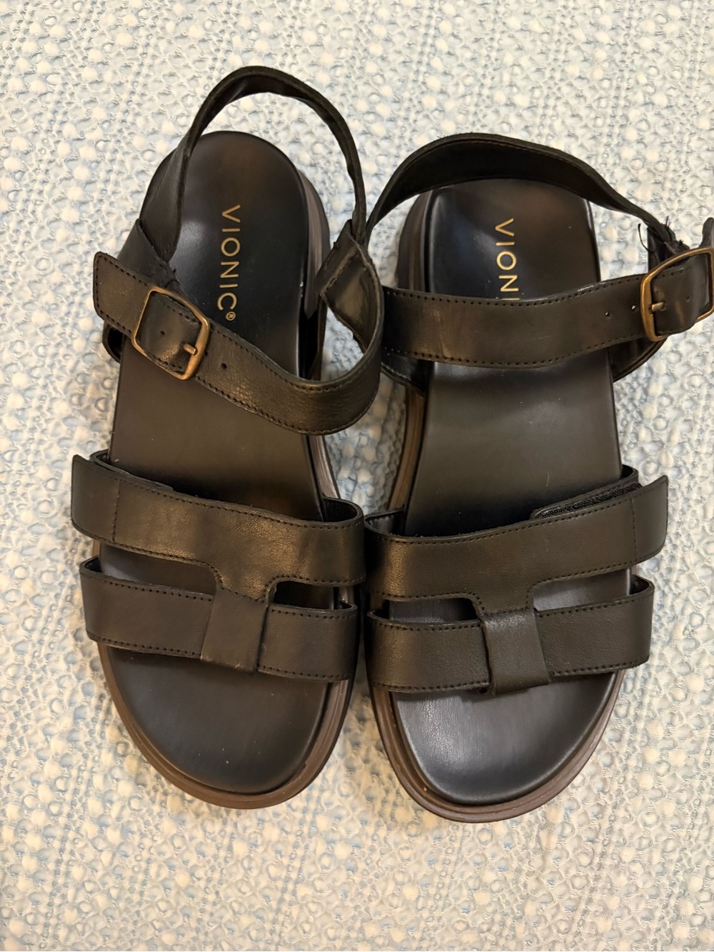 Vionic Solana Black Leather Strappy Platform Sandals Size 9.5